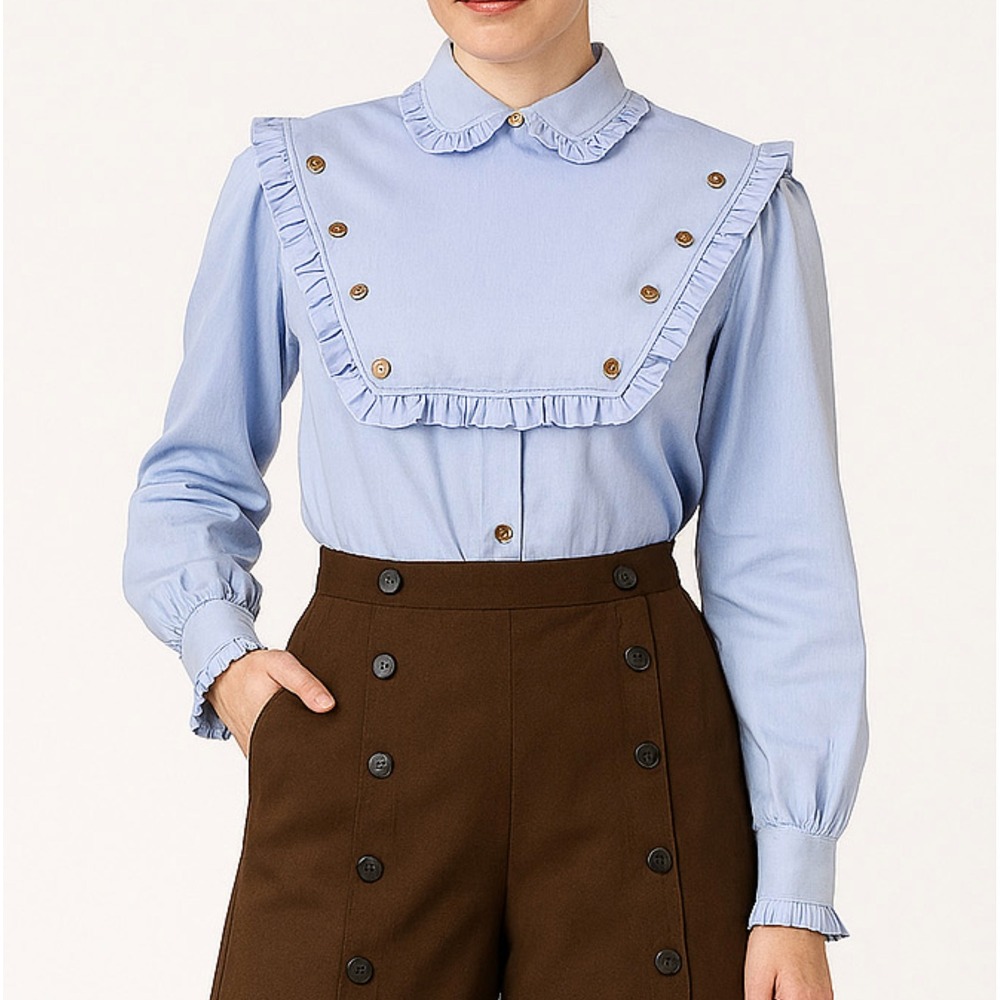 VTG Frontier Classics Amarillo Bib Blouse Western Blue Cotton Ruffle Button Up S